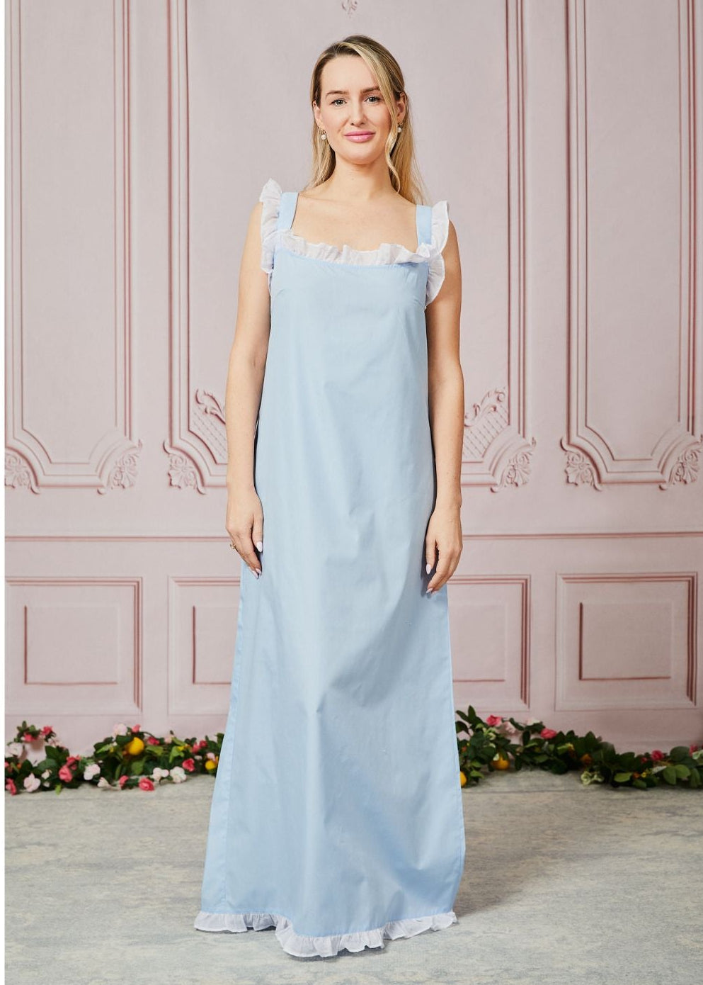 Long organic cotton Dolce Sleep Dress in baby blue with white ruffle hem and neckline