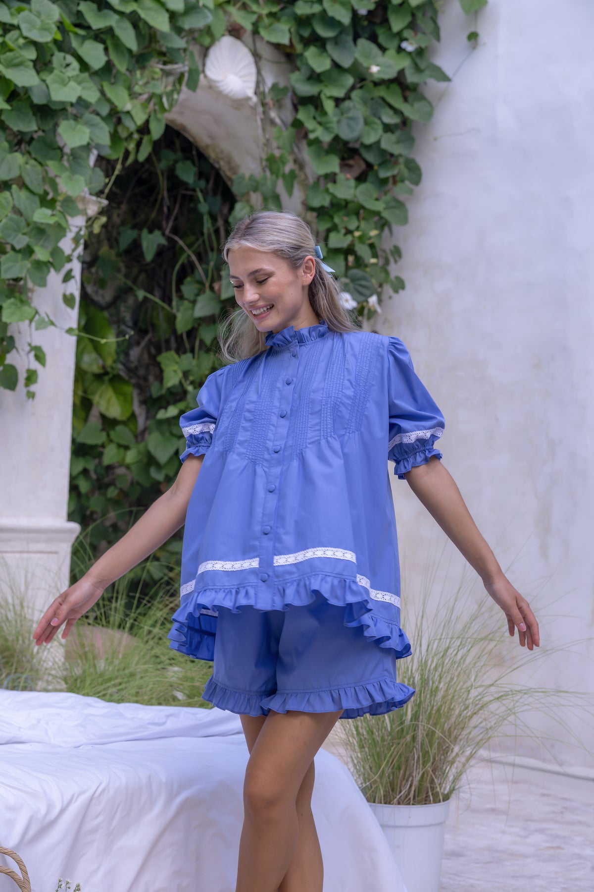 Alma Bluebelle short pyjama set with button-down top and frilled shorts in periwinkle blue