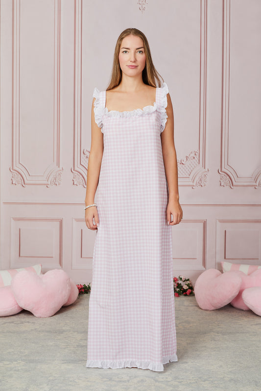 Dolce Gingham Sleep Dress in baby pink gingham cotton, longer length, front view