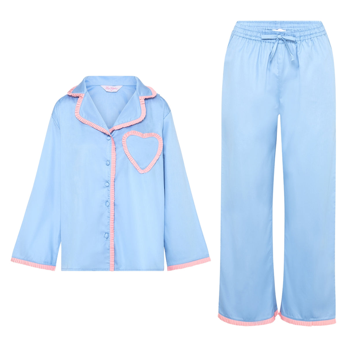 Dolce Sorbetto Pyjama Set in pale blue cotton with apricot trim and signature heart pocket, by Love Letters x