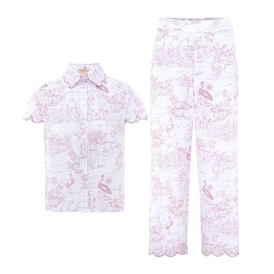 Organic cotton pink toile pyjamas wide leg Love Letters x