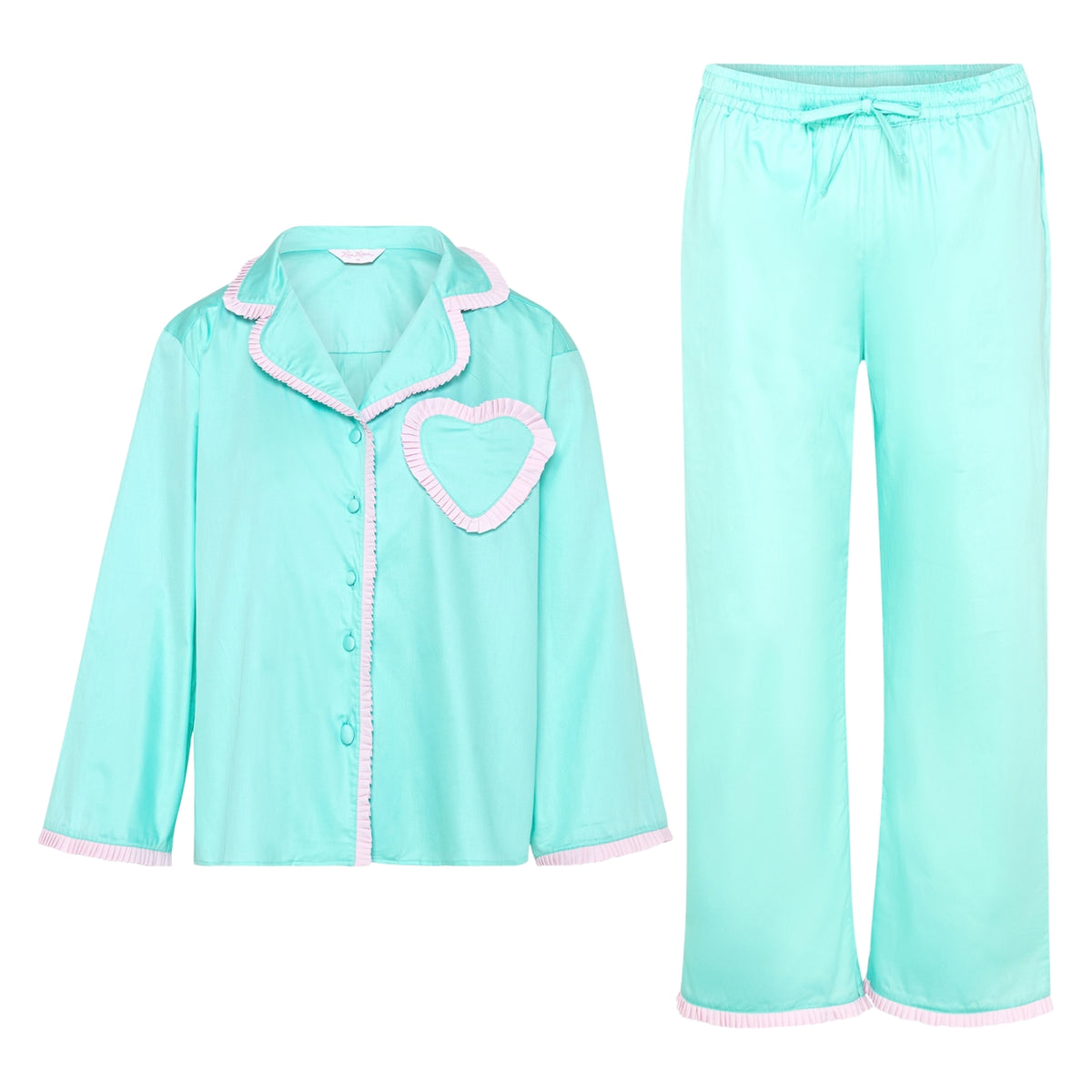 Dolce Menta Pyjama Set in soft mint green cotton with peach trim and signature heart pocket, by Love Letters x
