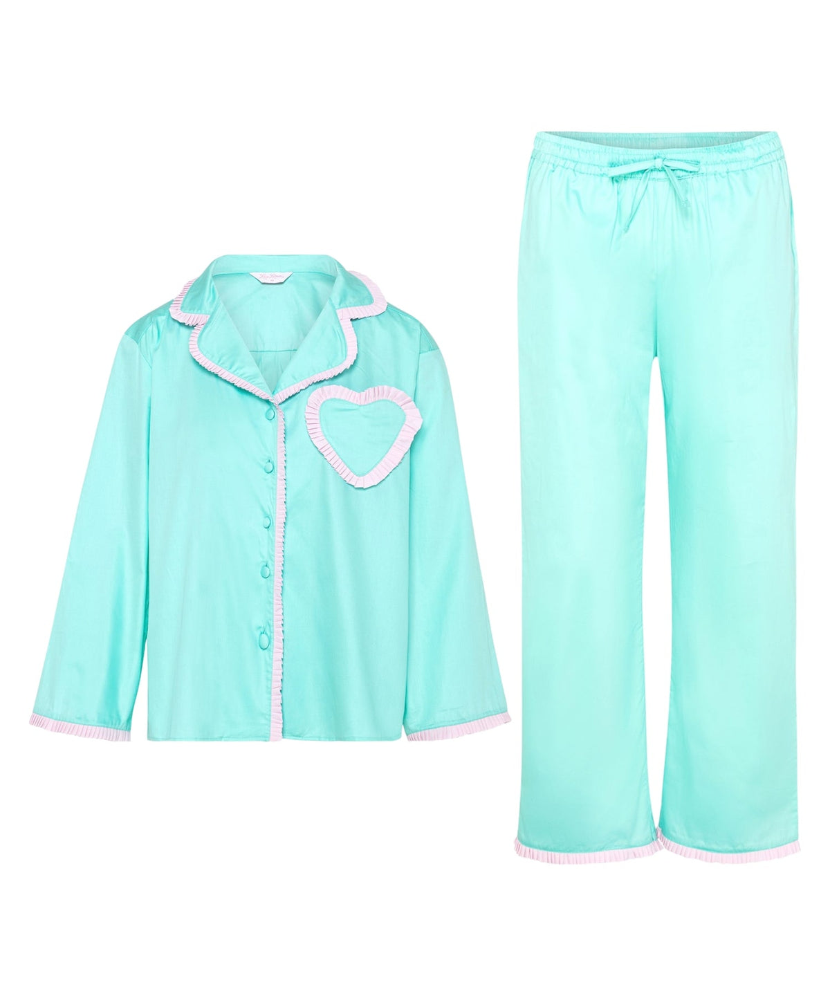 Dolce Menta Pyjama Set in soft mint green cotton with peach trim and signature heart pocket, by Love Letters x