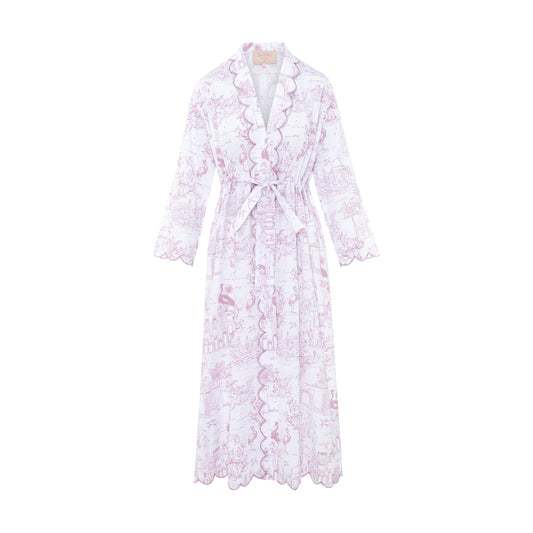 Pink Toile Long Robe in organic cotton with scalloped embroidery by Love Letters x