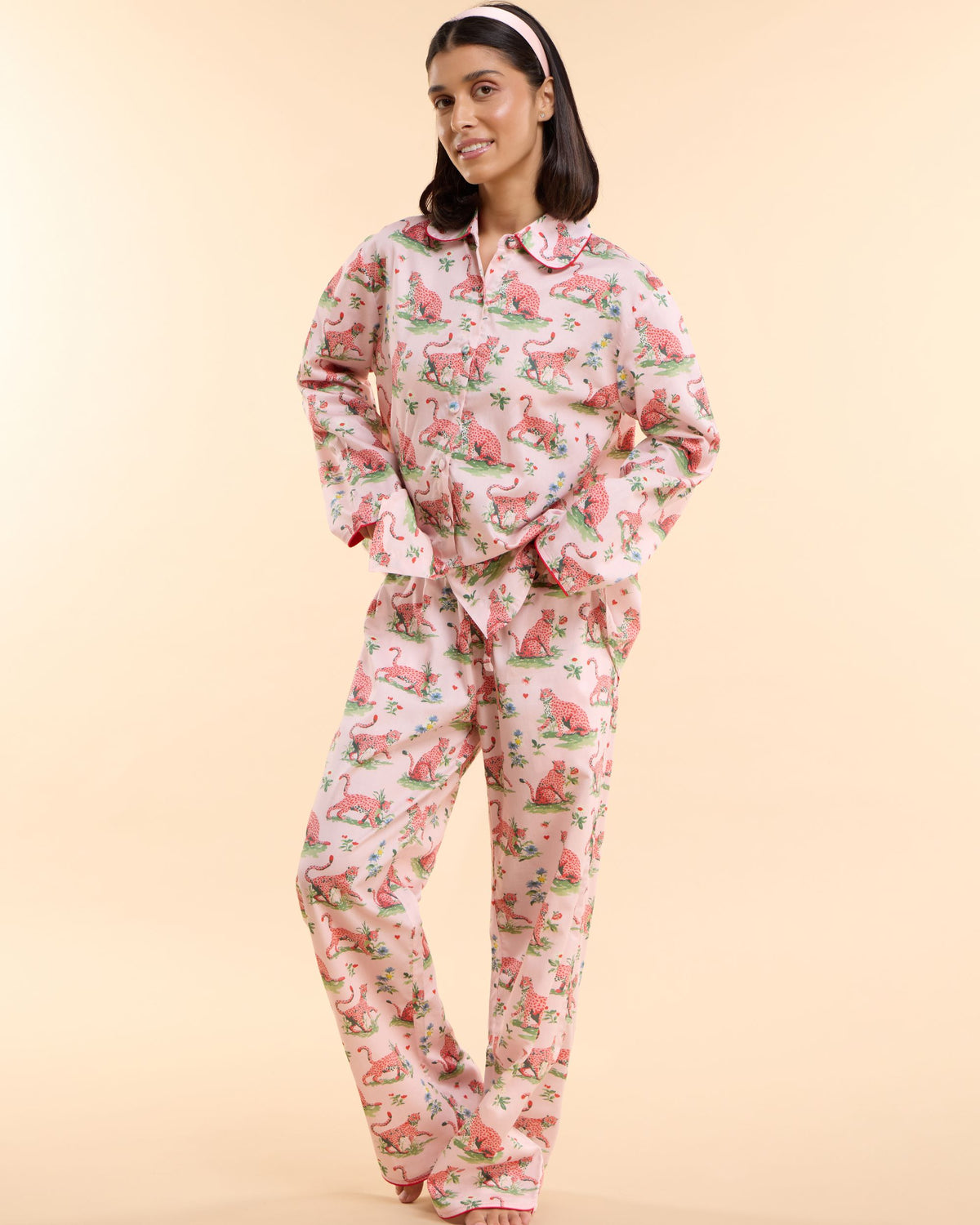 Layla Pink long pyjama set with elasticated drawstring waist trousers, women's cotton pyjamas handmade in the UAE