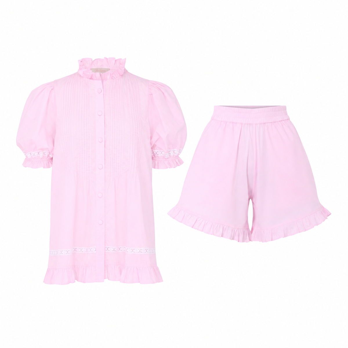 Alma Blossom Set flat lay: pink cotton pin-tuck top with frilled high collar and eyelet lace trim, with matching frilled shorts