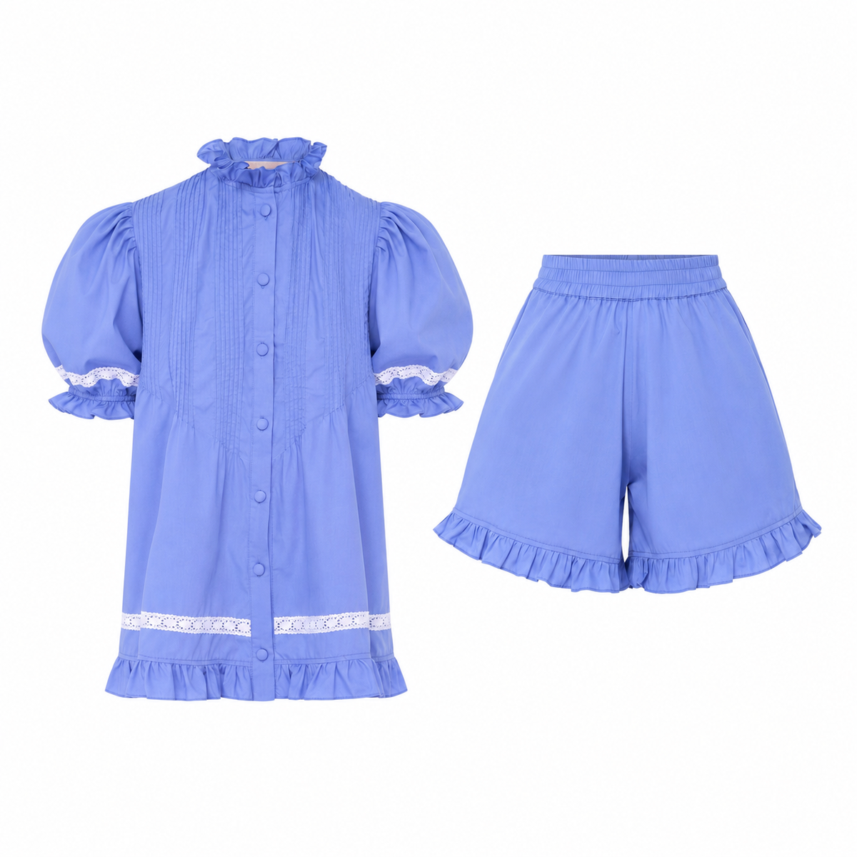 Alma Bluebelle Set flat lay: periwinkle blue frilled collar top and matching frilled shorts with white trim
