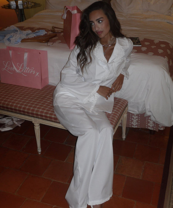 white cotton pyjamas on a bridal morning