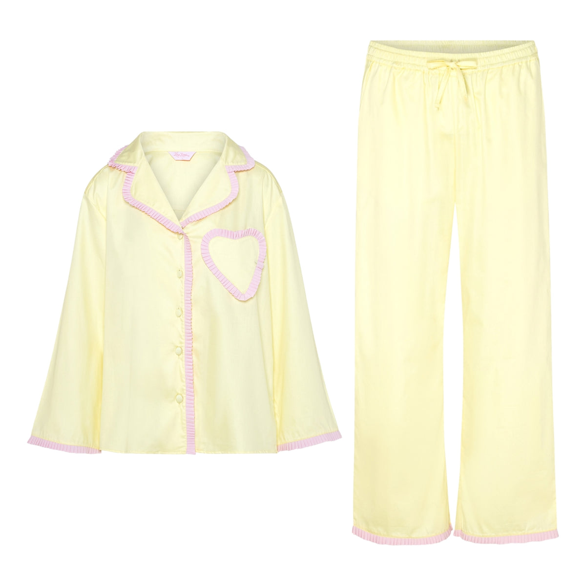 Dolce Granita Pyjama Set in soft buttery yellow cotton with pink trim and signature heart pocket, by Love Letters x