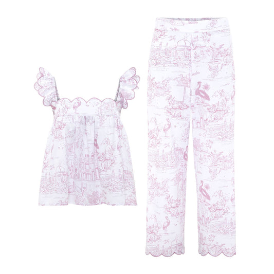 Organic cotton pink toile babydoll long pants pyjamas Love Letters x
