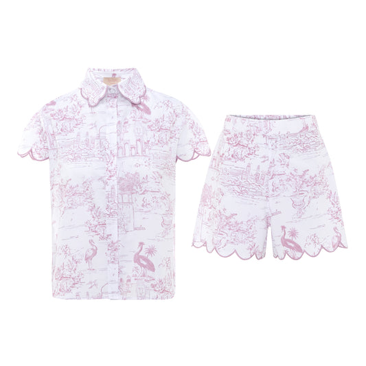 Pink Toile cap sleeve short pyjama set in organic cotton by Love Letters x