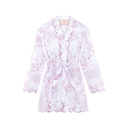 Scalloped embroidered trim on Pink Toile organic cotton robe