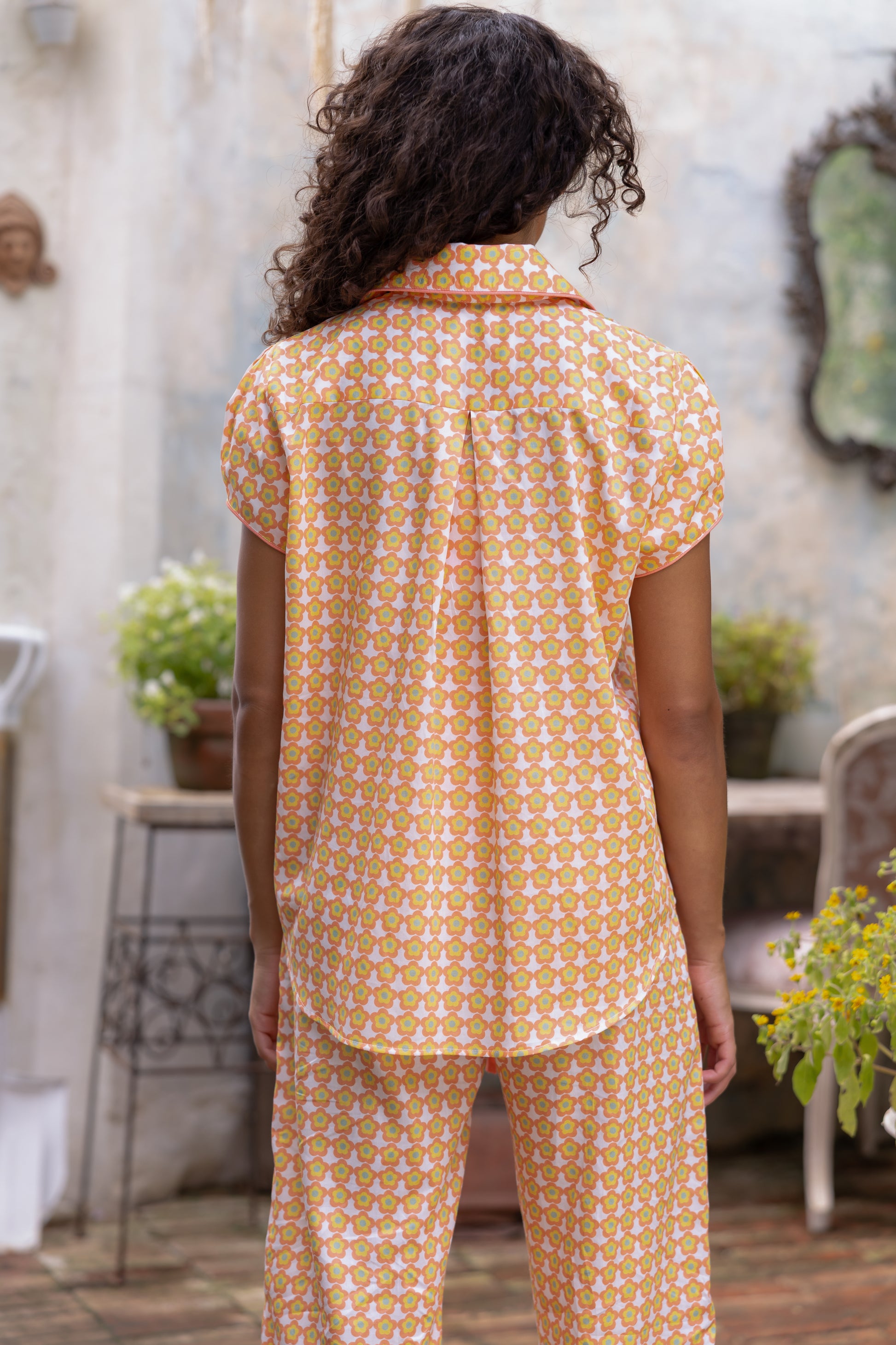 back view of Zahra pyjama details featuring tailored pleat in Love Letters x secret garden